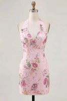Laden Sie das Bild in den Galerie-Viewer, Pinker Neckholder Bodycon Pailletten Florales Kurzes Abendkleid
