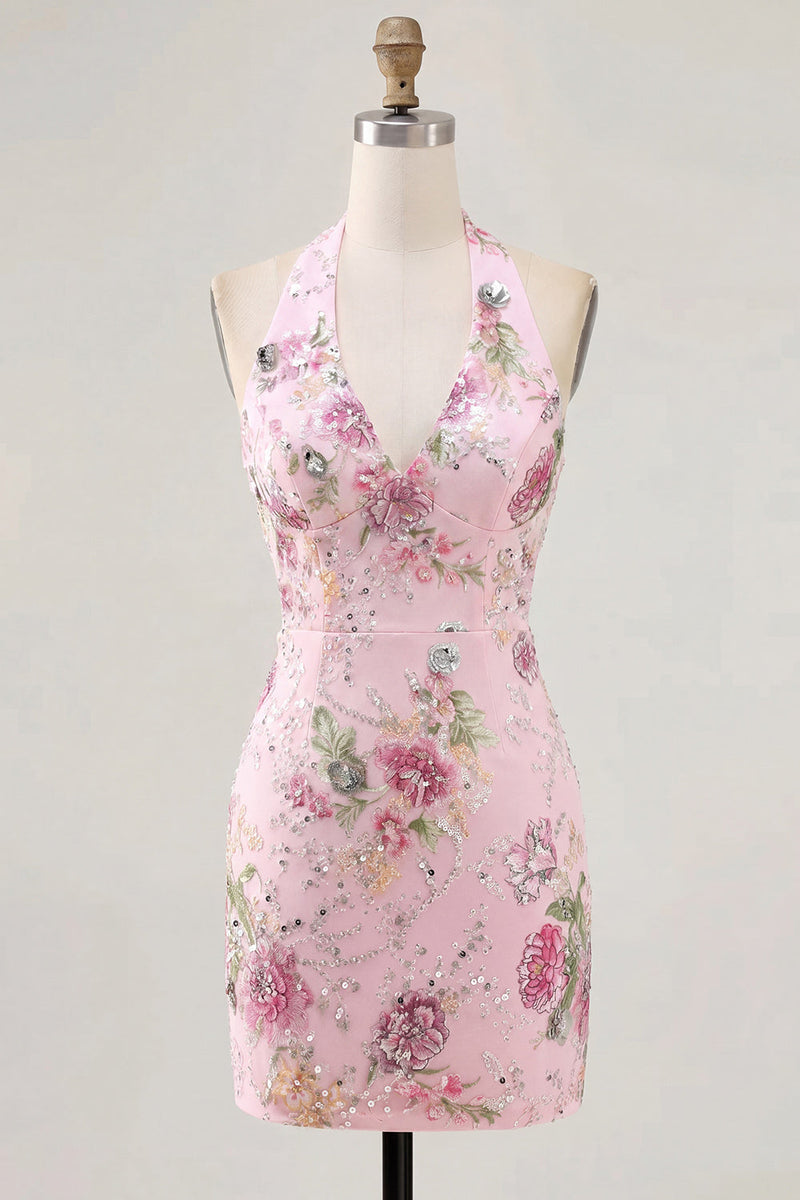 Laden Sie das Bild in den Galerie-Viewer, Pinker Neckholder Bodycon Pailletten Florales Kurzes Abendkleid