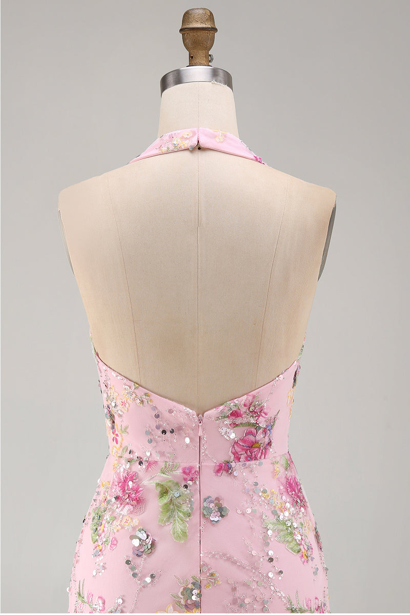 Laden Sie das Bild in den Galerie-Viewer, Pinker Neckholder Bodycon Pailletten Florales Kurzes Abendkleid