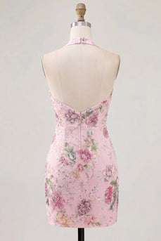 Pinker Neckholder Bodycon Pailletten Florales Kurzes Abendkleid