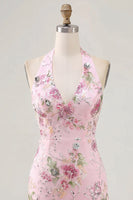 Laden Sie das Bild in den Galerie-Viewer, Pinker Neckholder Bodycon Pailletten Florales Kurzes Abendkleid