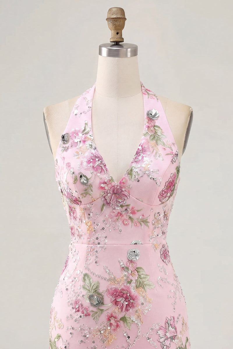 Laden Sie das Bild in den Galerie-Viewer, Pinker Neckholder Bodycon Pailletten Florales Kurzes Abendkleid