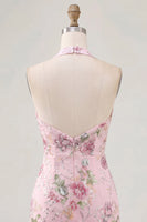 Laden Sie das Bild in den Galerie-Viewer, Pinker Neckholder Bodycon Pailletten Florales Kurzes Abendkleid