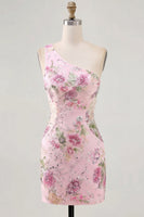Laden Sie das Bild in den Galerie-Viewer, Rosa Einschulteriges Bodycon Pailletten Blumen Kurzes Abendkleid