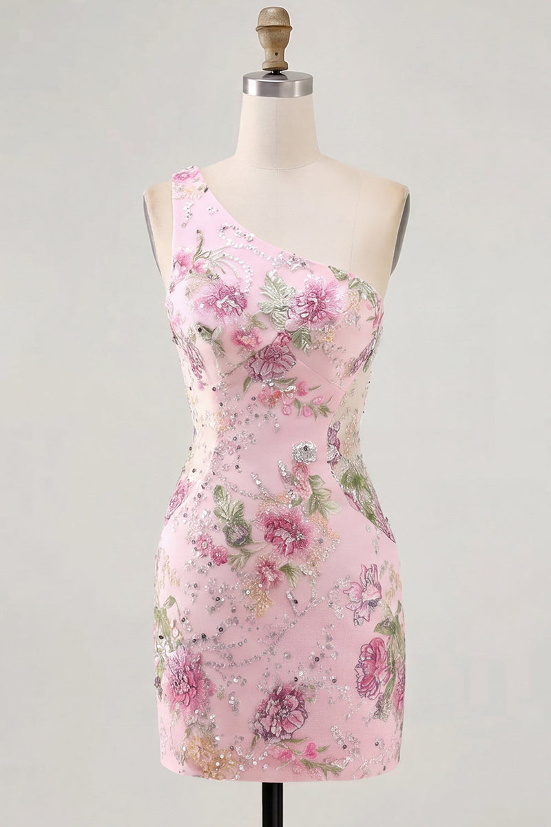 Laden Sie das Bild in den Galerie-Viewer, Rosa Einschulteriges Bodycon Pailletten Blumen Kurzes Abendkleid