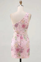 Laden Sie das Bild in den Galerie-Viewer, Rosa Einschulteriges Bodycon Pailletten Blumen Kurzes Abendkleid