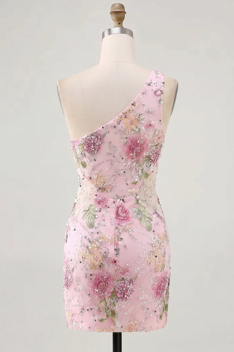 Laden Sie das Bild in den Galerie-Viewer, Rosa Einschulteriges Bodycon Pailletten Blumen Kurzes Abendkleid