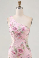 Laden Sie das Bild in den Galerie-Viewer, Rosa Einschulteriges Bodycon Pailletten Blumen Kurzes Abendkleid