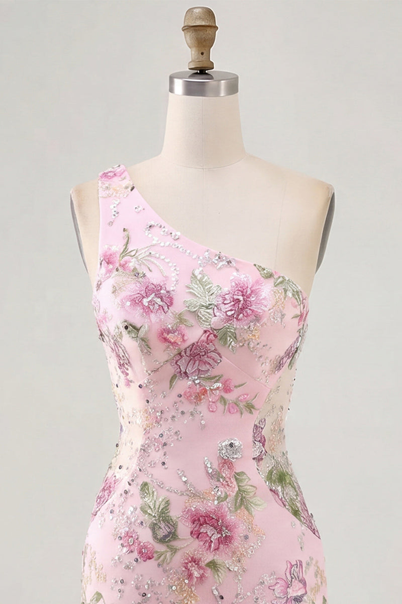 Laden Sie das Bild in den Galerie-Viewer, Rosa Einschulteriges Bodycon Pailletten Blumen Kurzes Abendkleid
