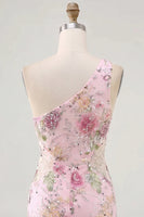 Laden Sie das Bild in den Galerie-Viewer, Rosa Einschulteriges Bodycon Pailletten Blumen Kurzes Abendkleid