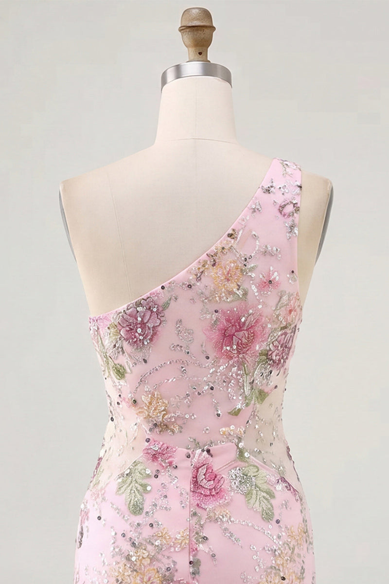 Laden Sie das Bild in den Galerie-Viewer, Rosa Einschulteriges Bodycon Pailletten Blumen Kurzes Abendkleid