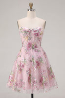 Laden Sie das Bild in den Galerie-Viewer, Rosa Sweetheart A-Line Korsett Pailletten Blumen Kurzes Abendkleid