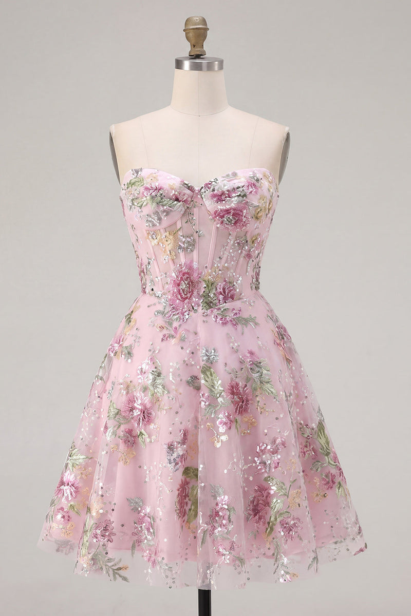 Laden Sie das Bild in den Galerie-Viewer, Rosa Sweetheart A-Line Korsett Pailletten Blumen Kurzes Abendkleid