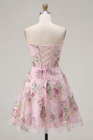 Laden Sie das Bild in den Galerie-Viewer, Rosa Sweetheart A-Line Korsett Pailletten Blumen Kurzes Abendkleid