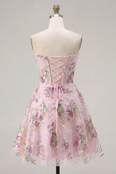 Rosa Sweetheart A-Line Korsett Pailletten Blumen Kurzes Abendkleid