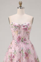 Laden Sie das Bild in den Galerie-Viewer, Rosa Sweetheart A-Line Korsett Pailletten Blumen Kurzes Abendkleid
