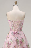 Laden Sie das Bild in den Galerie-Viewer, Rosa Sweetheart A-Line Korsett Pailletten Blumen Kurzes Abendkleid