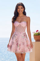 Laden Sie das Bild in den Galerie-Viewer, A-Linie Pinkes Sweetheart Sheer Korsett Pailletten Geblümtes Kurzes Abendkleid