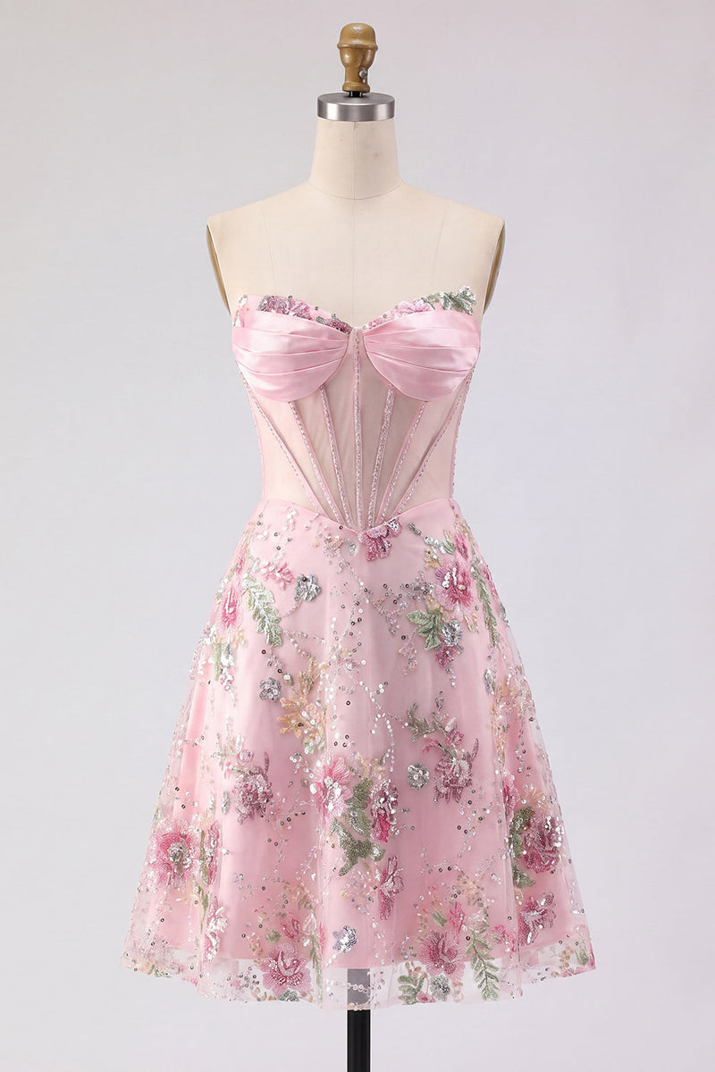 Laden Sie das Bild in den Galerie-Viewer, A-Linie Pinkes Sweetheart Sheer Korsett Pailletten Geblümtes Kurzes Abendkleid