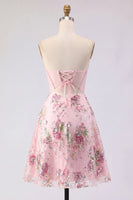 Laden Sie das Bild in den Galerie-Viewer, A-Linie Pinkes Sweetheart Sheer Korsett Pailletten Geblümtes Kurzes Abendkleid