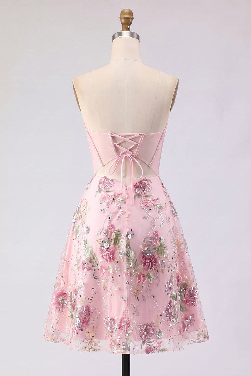Laden Sie das Bild in den Galerie-Viewer, A-Linie Pinkes Sweetheart Sheer Korsett Pailletten Geblümtes Kurzes Abendkleid