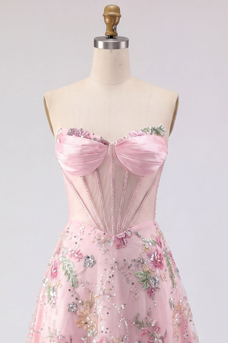 Laden Sie das Bild in den Galerie-Viewer, A-Linie Pinkes Sweetheart Sheer Korsett Pailletten Geblümtes Kurzes Abendkleid