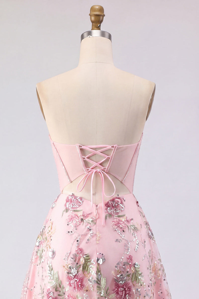 Laden Sie das Bild in den Galerie-Viewer, A-Linie Pinkes Sweetheart Sheer Korsett Pailletten Geblümtes Kurzes Abendkleid