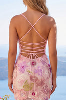 Laden Sie das Bild in den Galerie-Viewer, Glitzerndes Rosa Spaghettiträger Floral Pailletten Kurzes Abendkleid