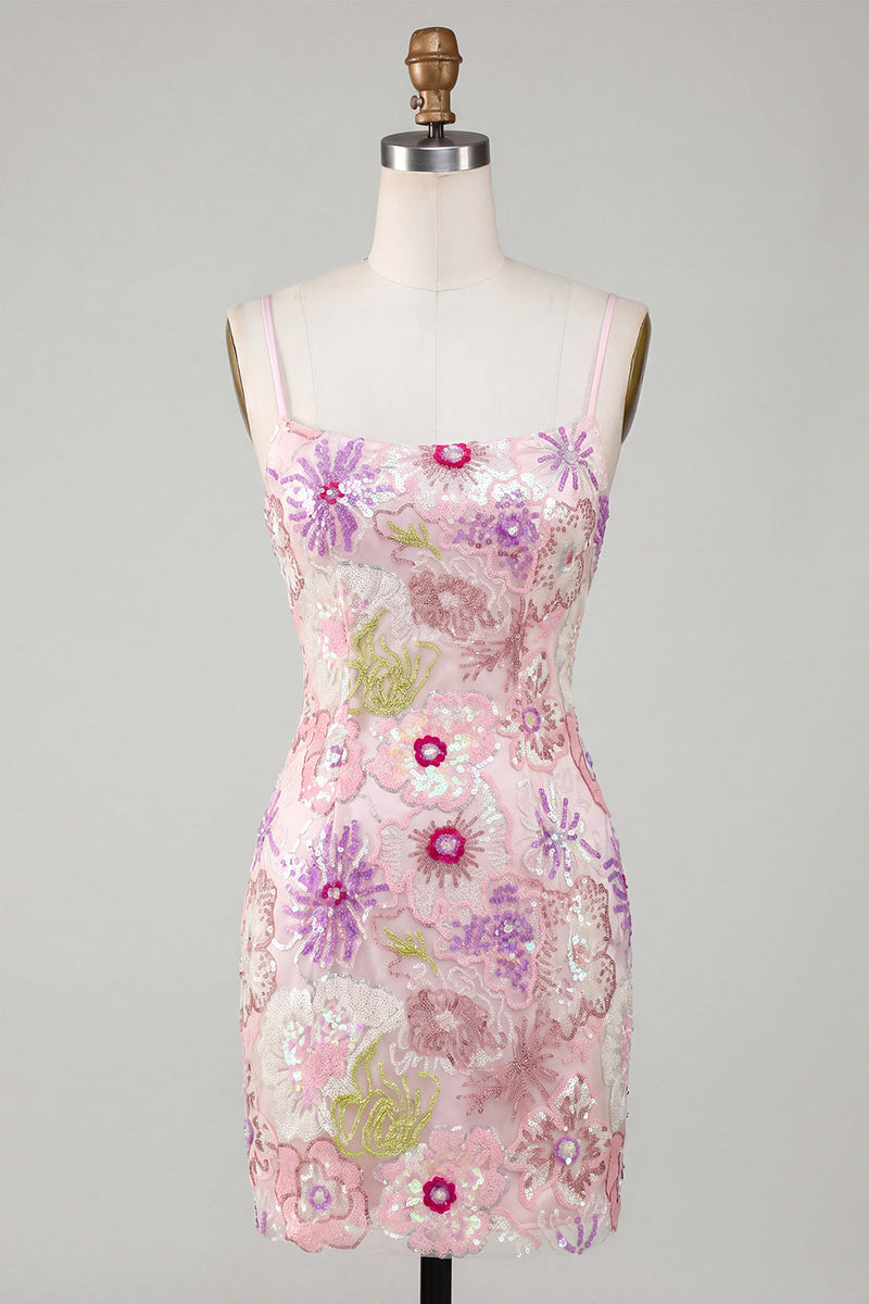 Laden Sie das Bild in den Galerie-Viewer, Glitzerndes Rosa Spaghettiträger Floral Pailletten Kurzes Abendkleid