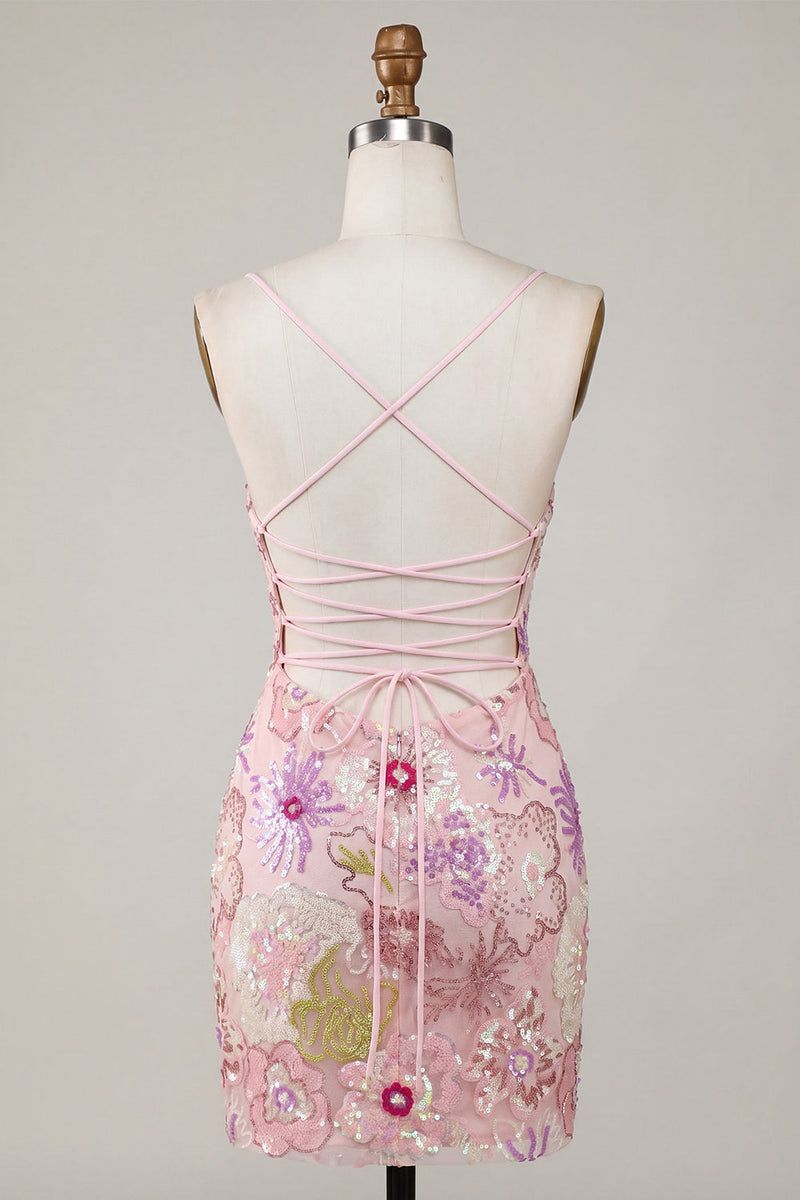Laden Sie das Bild in den Galerie-Viewer, Glitzerndes Rosa Spaghettiträger Floral Pailletten Kurzes Abendkleid