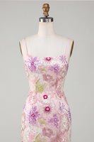 Laden Sie das Bild in den Galerie-Viewer, Glitzerndes Rosa Spaghettiträger Floral Pailletten Kurzes Abendkleid