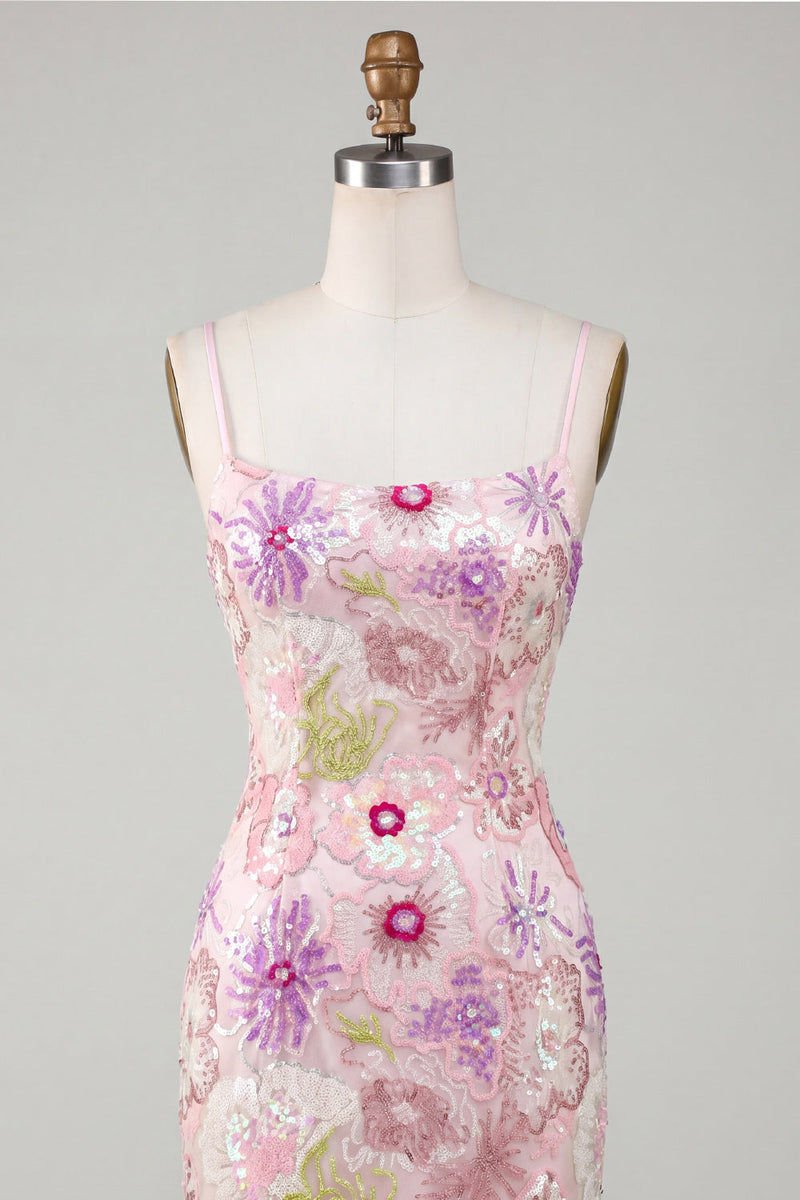 Laden Sie das Bild in den Galerie-Viewer, Glitzerndes Rosa Spaghettiträger Floral Pailletten Kurzes Abendkleid