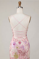 Laden Sie das Bild in den Galerie-Viewer, Glitzerndes Rosa Spaghettiträger Floral Pailletten Kurzes Abendkleid