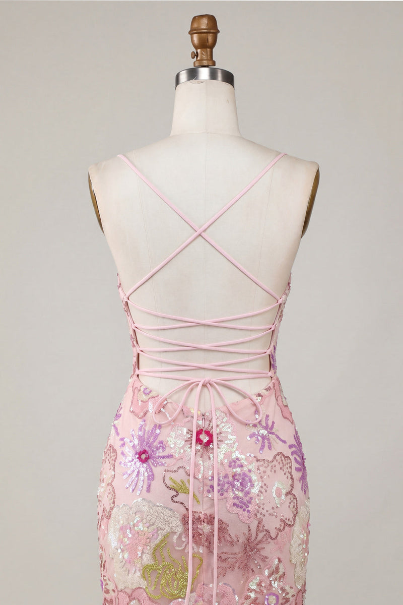 Laden Sie das Bild in den Galerie-Viewer, Glitzerndes Rosa Spaghettiträger Floral Pailletten Kurzes Abendkleid