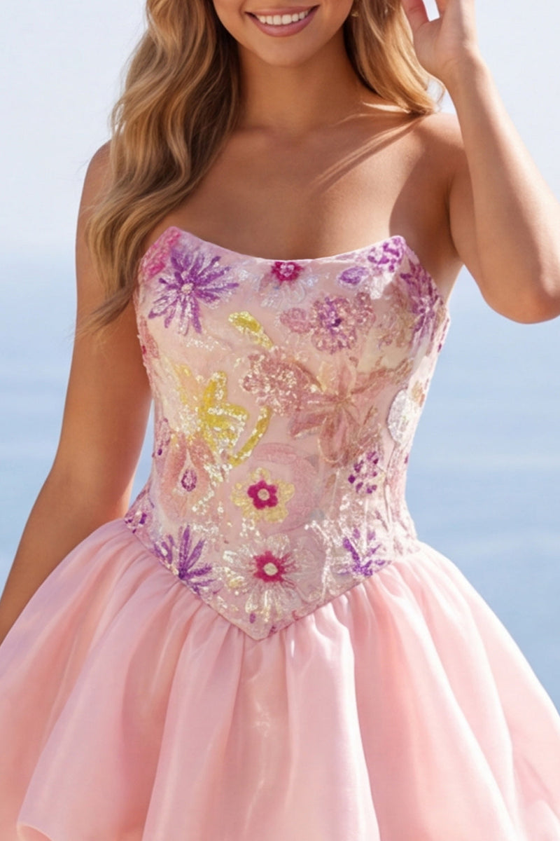 Laden Sie das Bild in den Galerie-Viewer, Rosa A-Linie Trägerloses Blumen Pailletten Kurzes Abendkleid