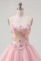 Laden Sie das Bild in den Galerie-Viewer, Rosa A-Linie Trägerloses Blumen Pailletten Kurzes Abendkleid