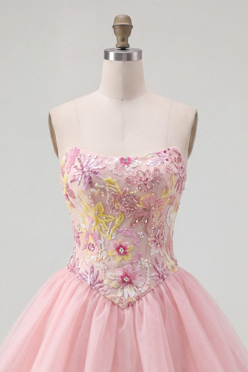 Laden Sie das Bild in den Galerie-Viewer, Rosa A-Linie Trägerloses Blumen Pailletten Kurzes Abendkleid