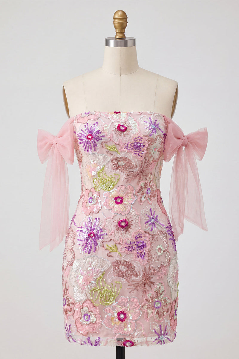 Laden Sie das Bild in den Galerie-Viewer, Off-the-shoulder Rosa Bodycon Blumen Pailletten Kurzes Abendkleid mit Schleife