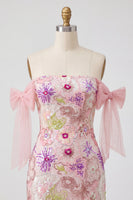 Laden Sie das Bild in den Galerie-Viewer, Off-the-shoulder Rosa Bodycon Blumen Pailletten Kurzes Abendkleid mit Schleife