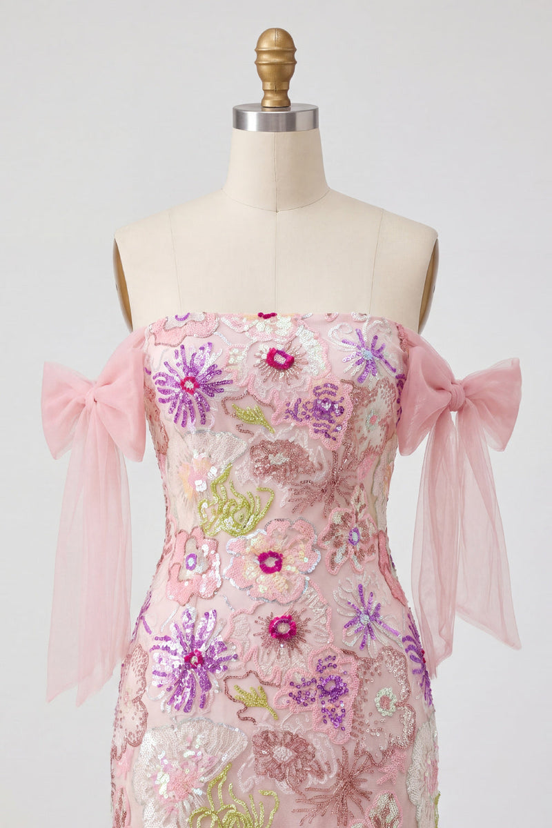Laden Sie das Bild in den Galerie-Viewer, Off-the-shoulder Rosa Bodycon Blumen Pailletten Kurzes Abendkleid mit Schleife