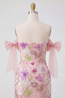 Laden Sie das Bild in den Galerie-Viewer, Off-the-shoulder Rosa Bodycon Blumen Pailletten Kurzes Abendkleid mit Schleife