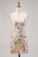 Laden Sie das Bild in den Galerie-Viewer, Glitzerndes Elfenbein Spaghetti-Träger Bodycon Blumen Pailletten Kurzes Abendkleid