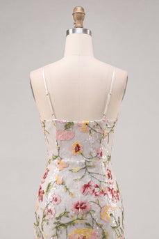 Glitzerndes Elfenbein Spaghetti-Träger Bodycon Blumen Pailletten Kurzes Abendkleid