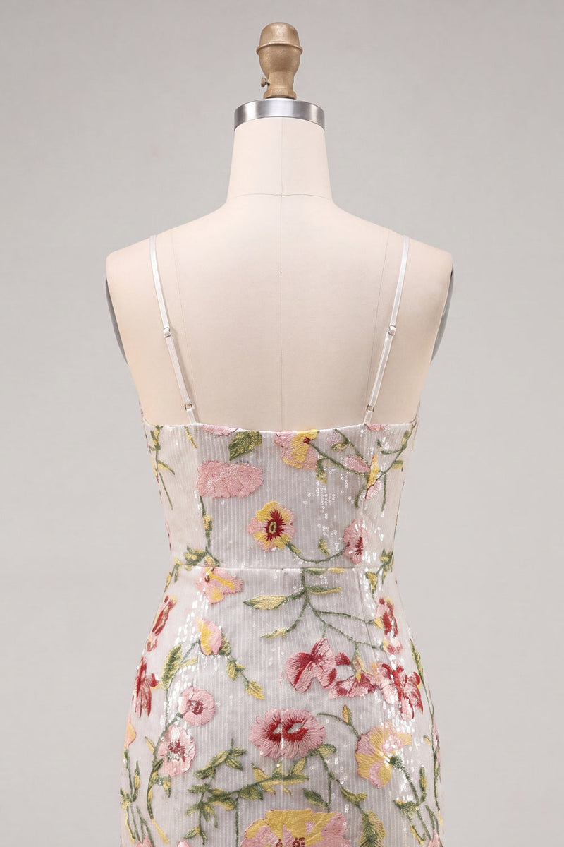 Laden Sie das Bild in den Galerie-Viewer, Glitzerndes Elfenbein Spaghetti-Träger Bodycon Blumen Pailletten Kurzes Abendkleid