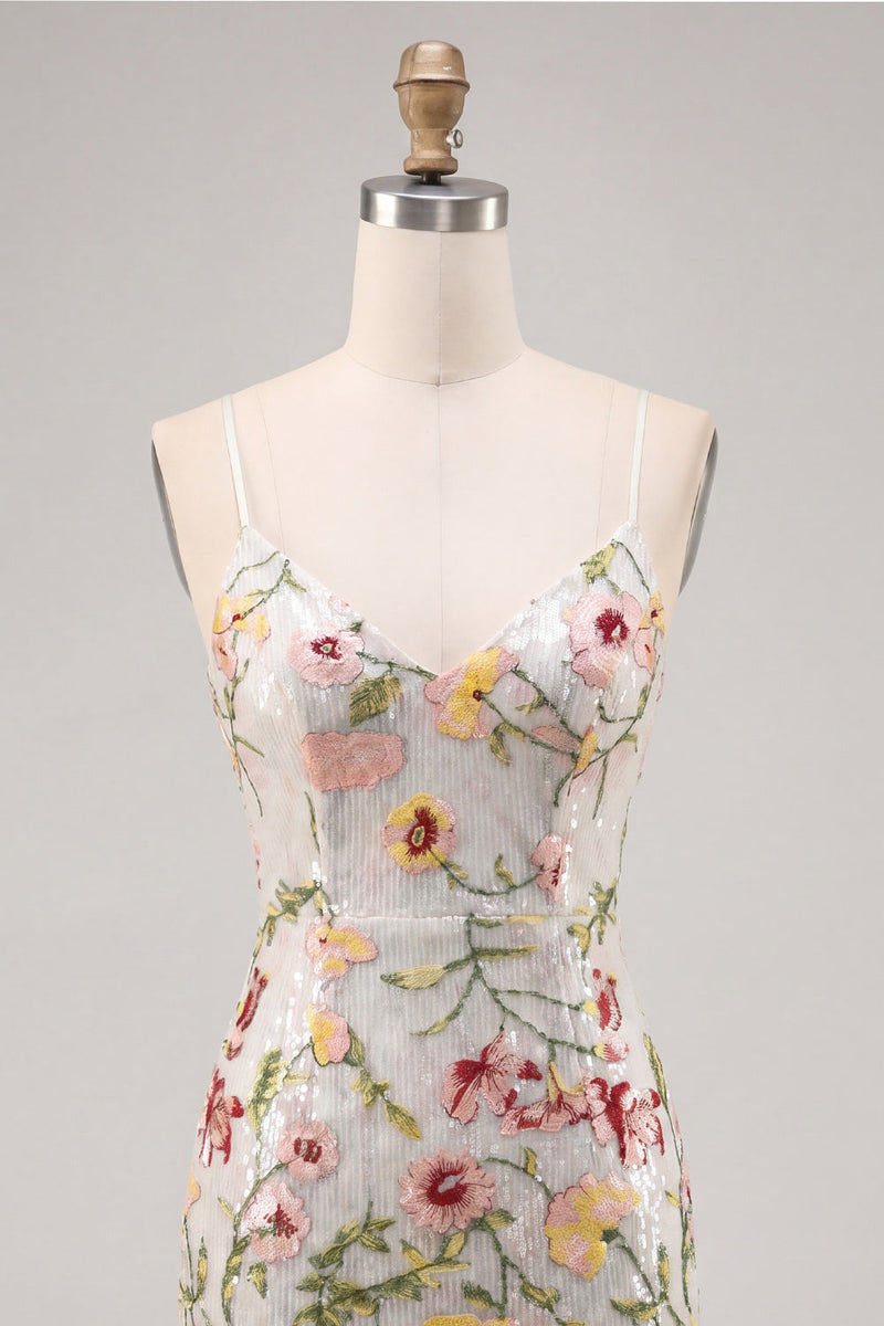 Laden Sie das Bild in den Galerie-Viewer, Glitzerndes Elfenbein Spaghetti-Träger Bodycon Blumen Pailletten Kurzes Abendkleid