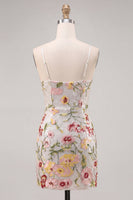 Laden Sie das Bild in den Galerie-Viewer, Glitzerndes Elfenbein Spaghetti-Träger Bodycon Blumen Pailletten Kurzes Abendkleid