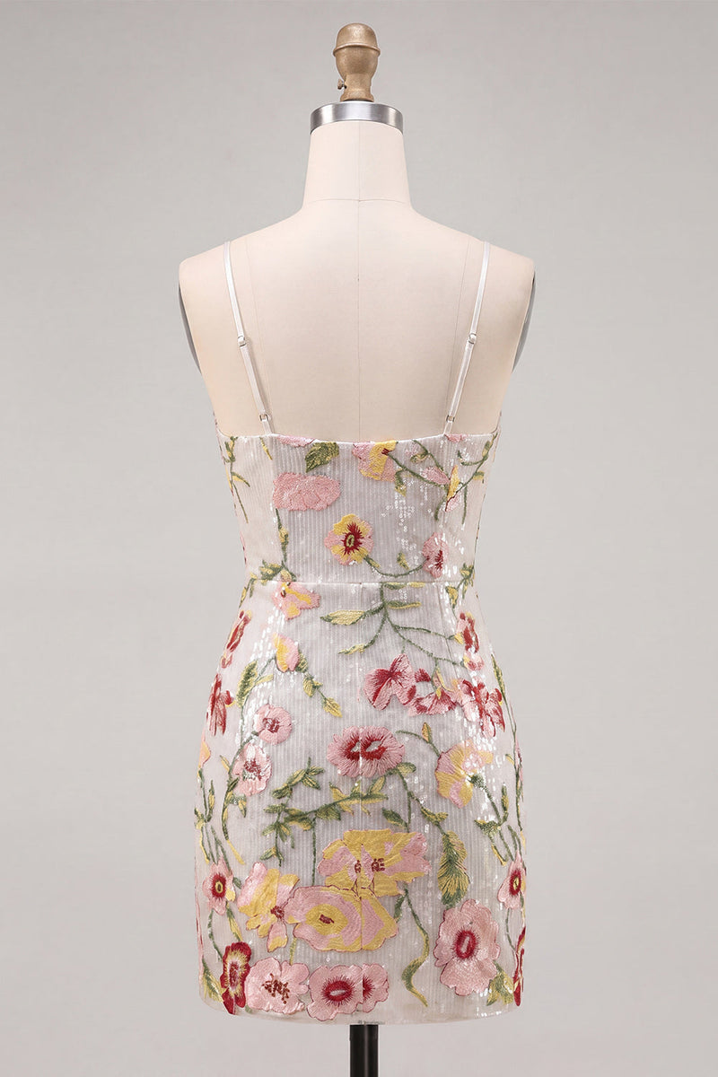 Laden Sie das Bild in den Galerie-Viewer, Glitzerndes Elfenbein Spaghetti-Träger Bodycon Blumen Pailletten Kurzes Abendkleid