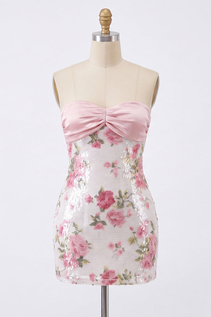 Laden Sie das Bild in den Galerie-Viewer, Hellrosa Bodycon, trägerloses Mini-Homecoming-Kleid mit Pailletten