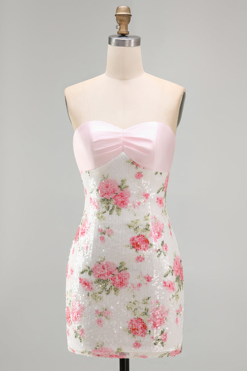Laden Sie das Bild in den Galerie-Viewer, Hellrosa Bodycon Trägerloses Mini Kurzes Abendkleid mit Pailletten