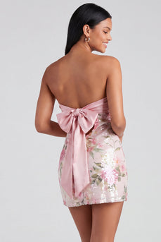 Hellrosa Bodycon Trägerloses Mini Kurzes Abendkleid mit Pailletten